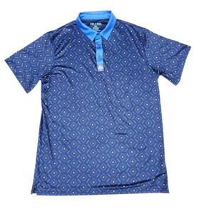 Pins & Aces Short Sleeve Golf Polo Shirt Blue Yellow Geometric DIamond Sz Large
